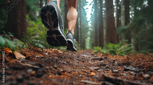 shoes hitting the trail in a dense forest, surrounded by towering trees and the serenity of nature generative ai