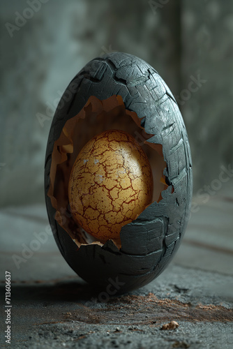 Yolk in car tire shell. Egg made of rubber with yellow vitellus inside of it. photo