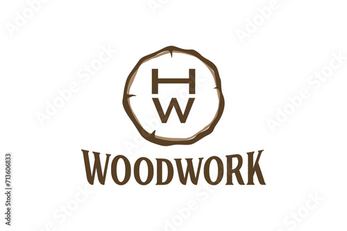 Woodwork carpenter logo design with H W initial letter, stump wood log icon illustration symbol