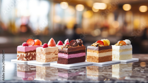 Three different layered frosted miniature cakes close up decorated with berries in a cafe or patisserie, blurred background photo