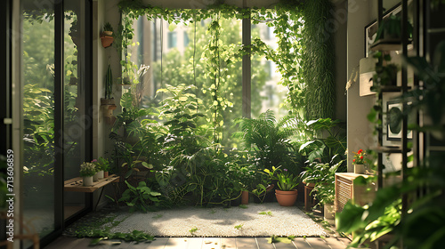 Vegetação exuberante escorre de todos os cantos da sala criando um oásis de beleza natural dentro da casa A luz solar se filtra pelas folhas lançando padrões manchados nas paredes e no chão
