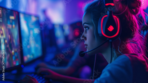 girl gamer Wearing Headphones Playing a Video Game