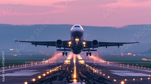 Airplane taking off a runway at twilight photo