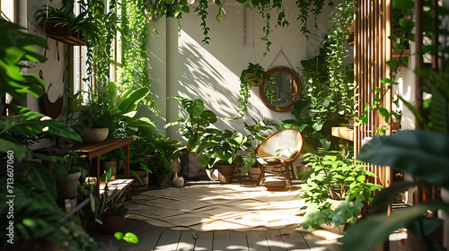 Vegetação exuberante escorre de todos os cantos da sala criando um oásis de beleza natural dentro da casa  A luz solar se filtra pelas folhas lançando padrões manchados nas paredes e no chão photo