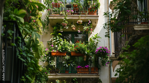 Vegetação exuberante brota de cada janela e sacada envolvendo a paisagem urbana em uma explosão de cores vibrantes e vida © Alexandre