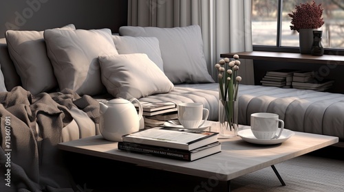 The cozy atmosphere, cashmere sweater, reading materials and serving tray blend seamlessly on the gray sofa, creating a visually pleasing and realistic scene. photo