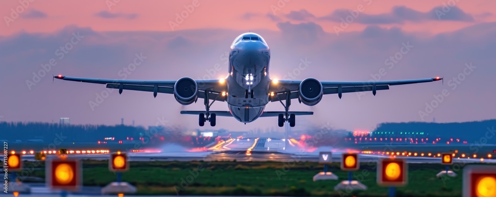 Airplane taking off a runway at twilight