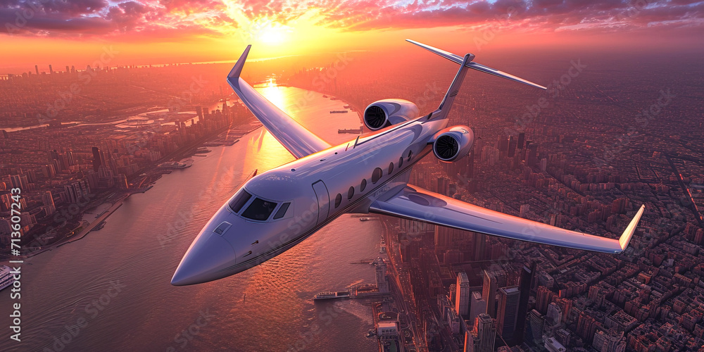Fototapeta premium Gulfstream Aerospace luxury business jet during the flight. AI generated image 