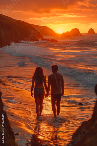 Couple holding hands during a sunset walk on the seashore. AI generated image