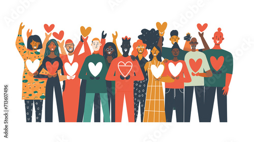 Diverse group of people standing together, all making hand hearts. Very simple, flat design style. AI Generative