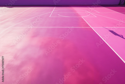 Pink basketball court in preparation.Minimal creative sport concept.Flat lay,top view.Generative AI photo