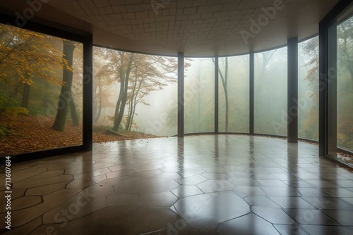 Misty woodland with tiled floor and elegant curved walls. Generative AI