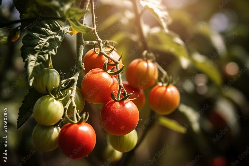 ripe red tomatoes hanging on a vine. Generative AI