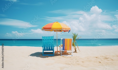 beach chairs and umbrellas on the beach, wallpaper, background