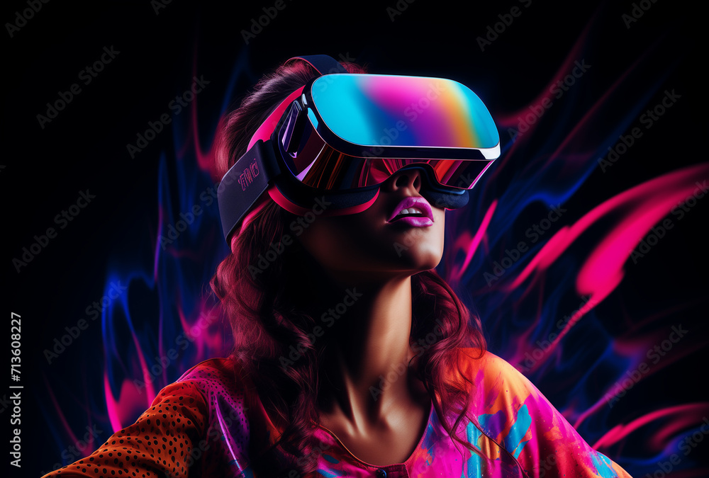 Girl with Virtual reality goggles and neon lights around .Minimal creative art and fashion concept.Copy space,top view.Generative AI Girl with Virtual reality goggles and neon lights around .Minimal creative art and fashion concept.Copy space,top view.Generative AI