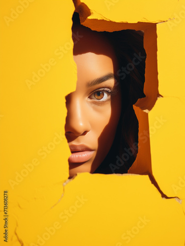 eye of the person Looking through a hole cracked wall.Minimal creative modeling concept © sunaiart