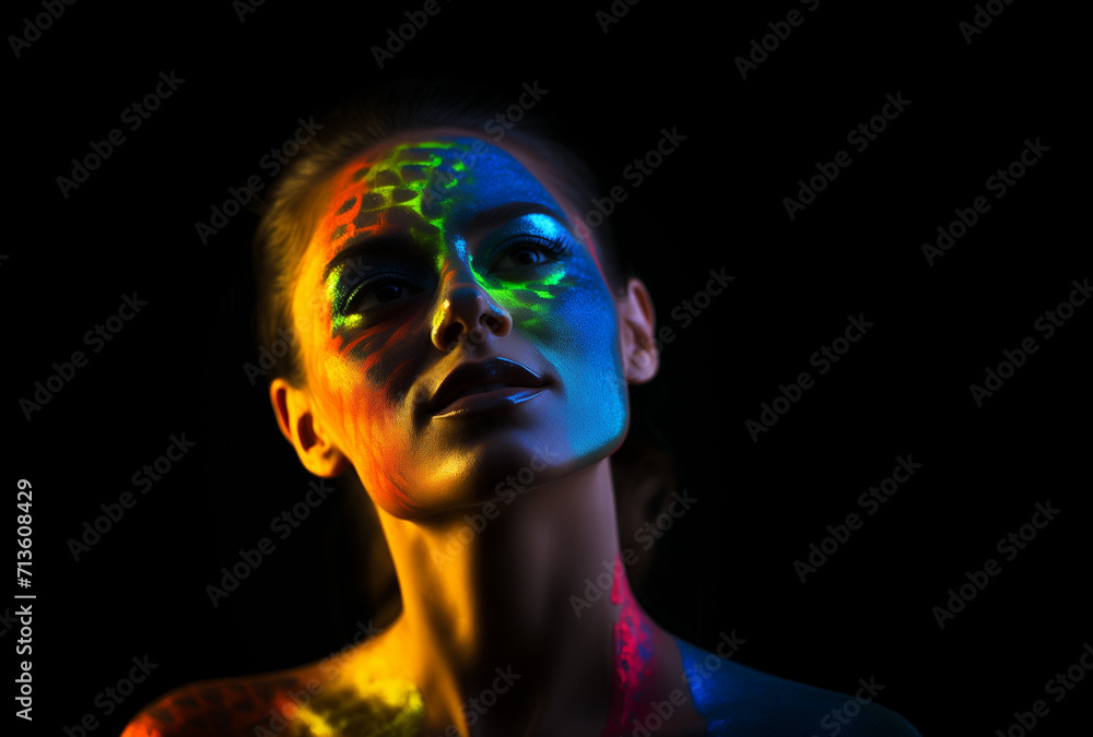 Portrait of a person with the reflection of neon lights in various shapes Minimal creative party concept.Copy space,top view.Generative AI