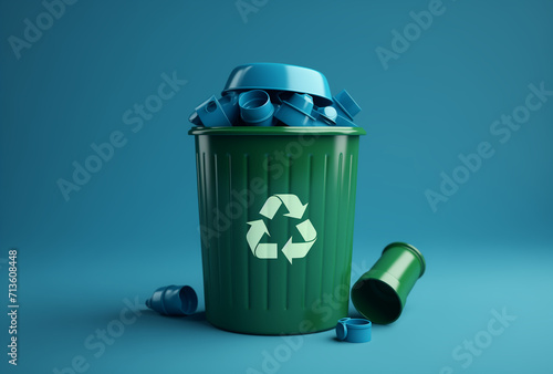 recycle bin with recycle symbol.Minimal Environmental protection concept.Copy space,top view.Generative AI