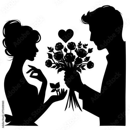 Vector illustration of lovers silhouette with flowers and heart for Valentine day isolated on white background