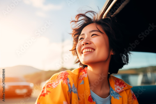 Happy asian girl enjoying landscape