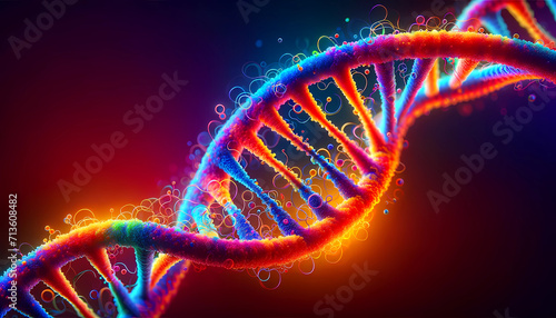 Colorful vibrant rainbow DNA helix strand on complimentary background photo