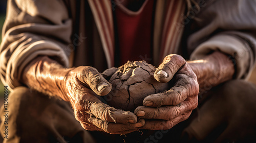 Soiled hand shaping clay in an outdoor workshop. Generative AI © Gennie Fx