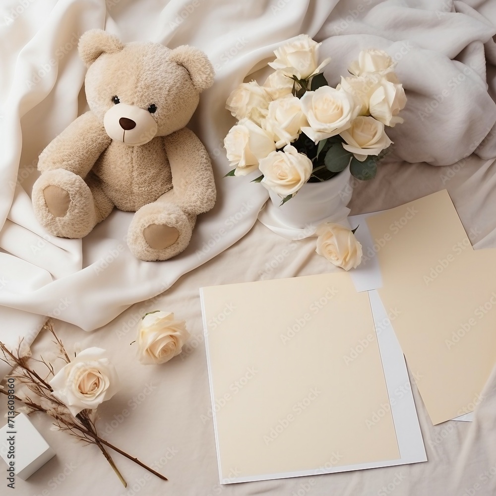 Layout, template greeting card for wedding, wash, birthday, teddy bear with a gift Layout, template greeting card for wedding, wash, birthday, teddy bear with a gift
