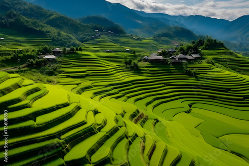 Landscape of green rice terraces amidst mountain agriculture. Travel destinations in Chiangmai  Thailand. Terraced rice fields. Traditional farming. Asian food. Thailand tourism. Nature landscape.