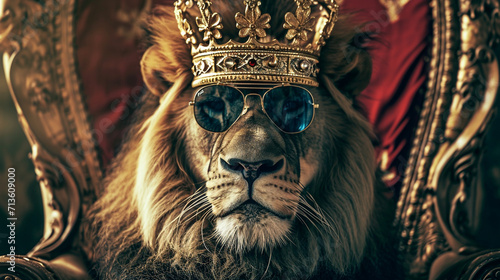 King lion with crown and sunglasses sitting on a throne, closeup. AI Generative photo