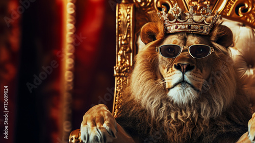 Canvas-taulu King lion with crown and sunglasses sitting on a throne, closeup
