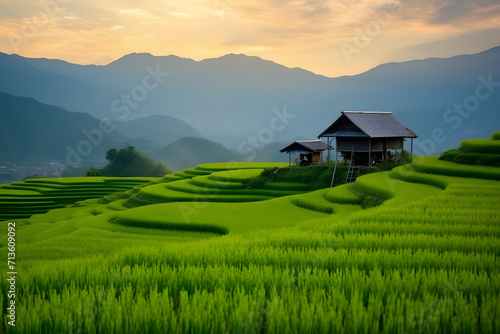 Landscape of rice terrace and hut with mountain range background and beautiful sunrise sky. Nature landscape. Green rice farm. Terraced rice fields. Travel destinations in Chiang Mai, Thailand. photo