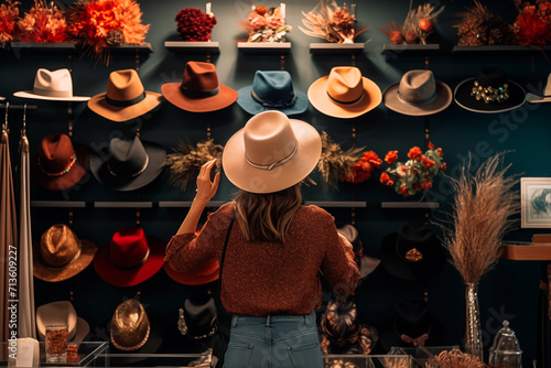 Young woman buying hats in a shop