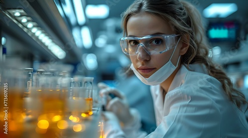 Focused female scientist analyzing samples in laboratory. research and discovery. AI