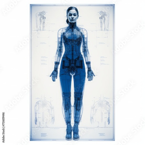 blue print of a full body x-ray of a woman, copy space photo