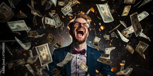 Jubilant man in suit celebrates financial success surrounded by flying money. wealth concept captured in motion. elation and abundance. AI photo