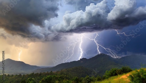 A thunderstorm with lightning over a hill in the mountains.