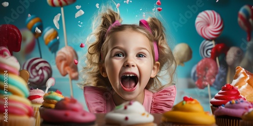 Excited young girl surrounded by flying sweets and candies. a magical candy wonderland captured. colorful confectionery delights. AI