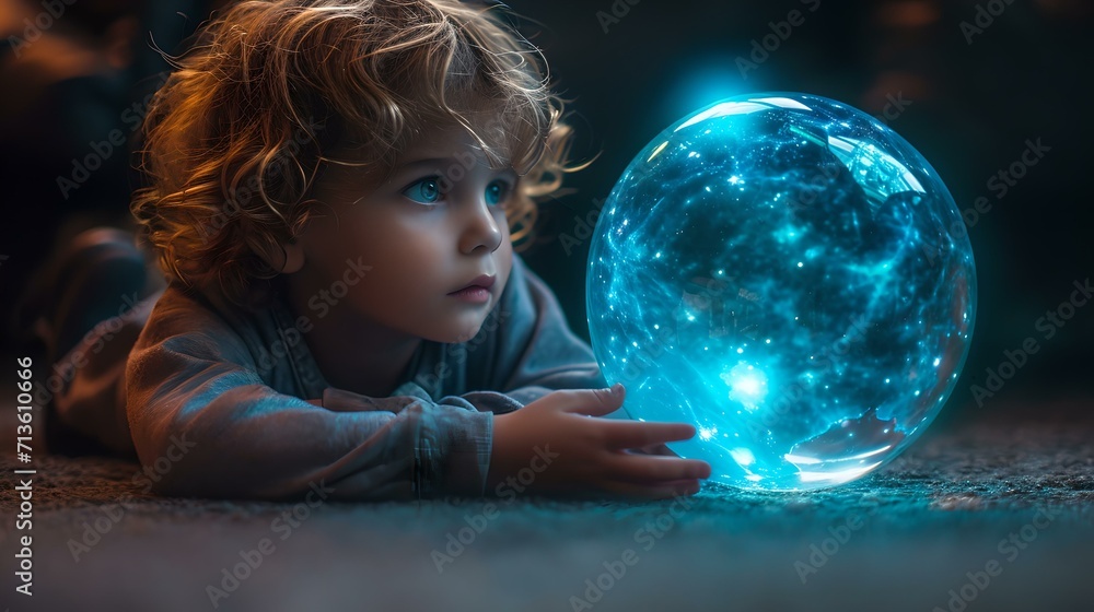 Naklejka premium Toddlerâs encounter with a magical orb of light at night. a young childâs imagination comes to life. AI