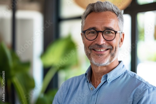 Smiling 45 years old banker, happy middle aged business man bank manager, mid adult professional businessman ceo executive in office, older mature entrepreneur wearing glasses, headshot portrait © Sardar