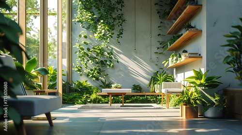 A exuberante vegetação verde transborda sobre móveis modernos e elegantes em um chique apartamento urbano