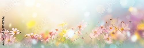Colorful spring banner panoramic pastel colors pink yellow wildflowers at field, sun rays background blurred bokeh. Pure air light spring template with space for text. Design graphic resource backdrop © m