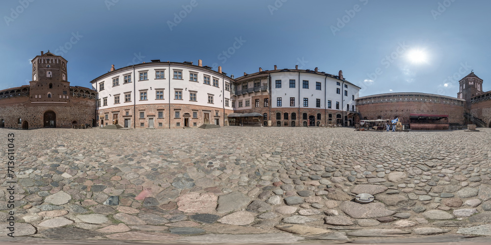 seamless spherical hdri 360 panorama overlooking restoration of the historic castle or palace with columns and gate in Mir  in equirectangular projection