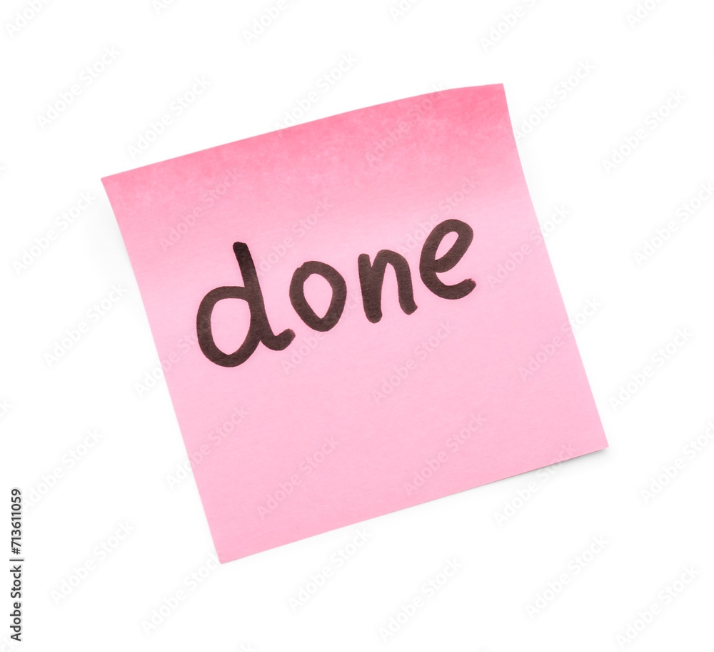 Sticky note with word DONE on white background Sticky note with word DONE on white background