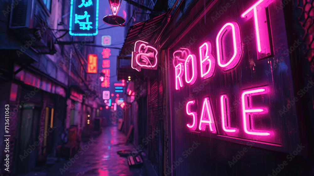 Neon store sign of Robot Sale on dark grungy street or alley at night, gloomy deserted city buildings with purple and blue light. Concept of cyberpunk, anime, technology and future