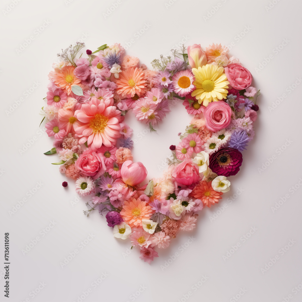 Heart in the form of fresh flowers of various flowers. Valentines day flat lay. Nature love concept