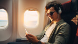 Handsome man uses mobile phone sitting in flying plane, young male passenger listens to music on smartphone inside airplane. Concept of travel, flight, internet, technology, trip