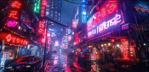 Cyberpunk neon city at night, dark wet street with tall buildings and cars in rain. Futuristic skyscrapers with red and blue light signs. Concept of dystopia, future, industry photo