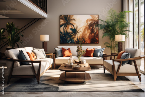 Modern home interior with wall painting, plants and white brown furniture. Contemporary living room of house with sofa, couch and carpet. Concept of poster and design © scaliger