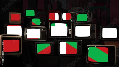 Basque Country Flag or Ikurrina Flag and Vintage Televisions. 4K Resolution. photo