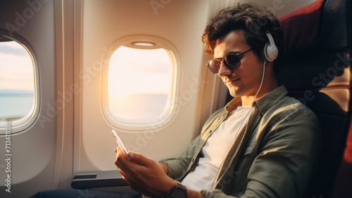 Handsome man uses mobile phone sitting in flying plane, young male passenger listens to music on smartphone inside airplane. Concept of travel, flight, internet, technology, trip photo